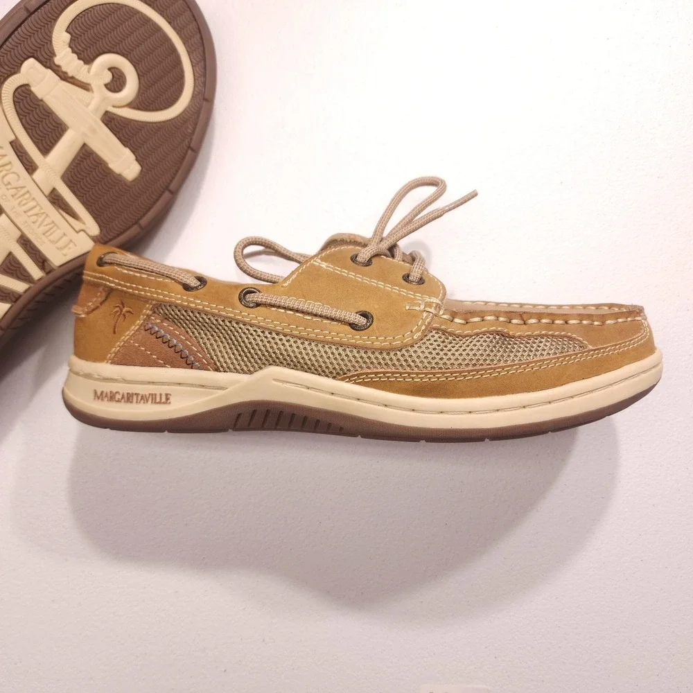 Margaritaville Mens 8.5 Brown Leather Mesh Anchor Lace Up Boat Shoes NWOB